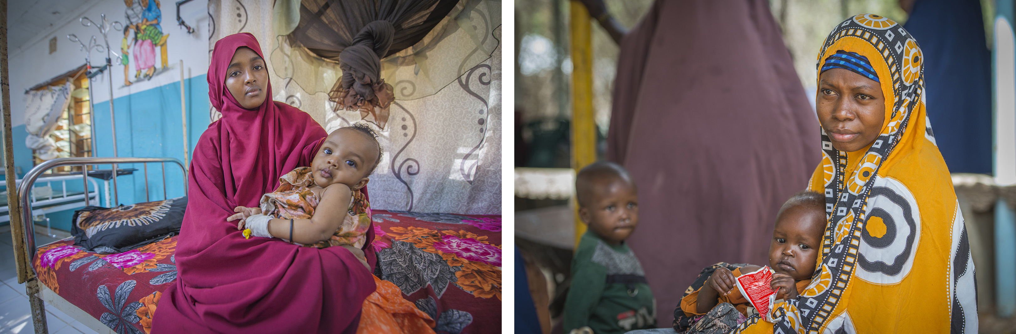 Habido Aden and her daughter Mucad (left) at an EU-supported feeding center. Fatumah Salim Ahmed (right) with her son Ibrahim. 