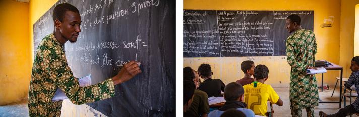 2 photos of a teacher writing on a blackboard