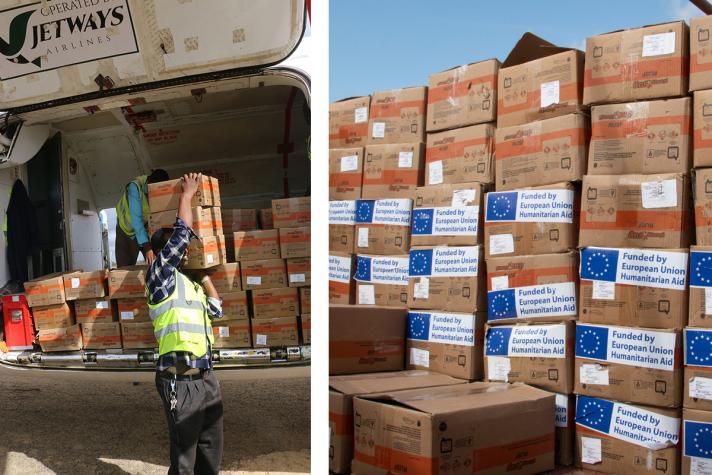 2 photos, one of a person unloading goods from a plane, the other a view of a staple of boxes on the ground