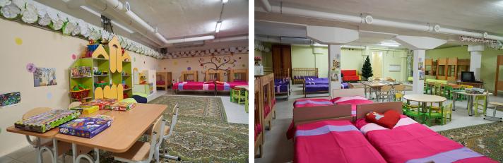 2 photos, left: a table with chairs in front, right: colourful beds in front of the big shelter