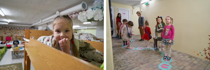 2 photos, left; a girl sitting in her bed in the shelter, right: several children playing in a corridor