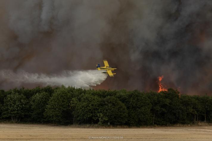 Firefighting plane dropping water above a wildfire.