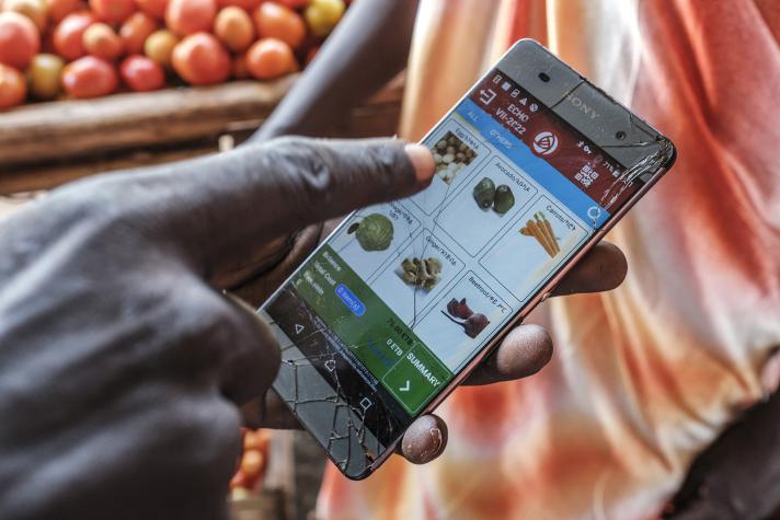 A hand holding a mobile phone. On the screen there are all kind of vegetables.