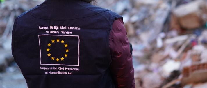 Vest of aid worker showing the European Union flag
