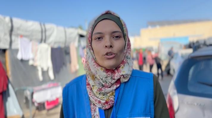 Maysa, Associate Protection Officer from the UNRWA Protection Team at the Khan Younis Training Centre shelter.