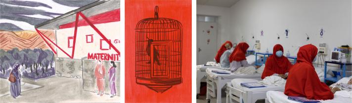 A drawing of a maternity centre, a bird in a cage on a red background, followed by a photo of women sitting on a bed inside the maternity ward.