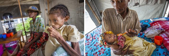 Faneva (left) is severelely malnourished and receives treatment at a clinic run by Médecins du Monde. Right: Mariska, 3 months, is fed by her father. 