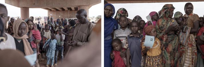 2 photos of refugees waiting in groups. At the left under a bridge, at the right a close up of people holding papers.