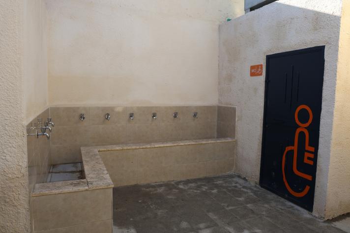 View of a toiletdoor with a wheelchair pictogram on it. Against the wall a concrete wash facilities.