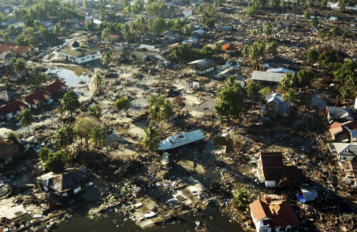 a boat is displayed in the middle of the rubble 