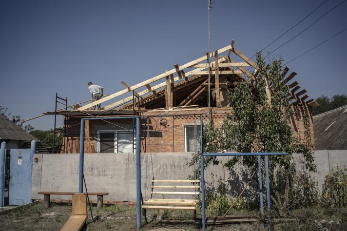 View of a partly renovated house;