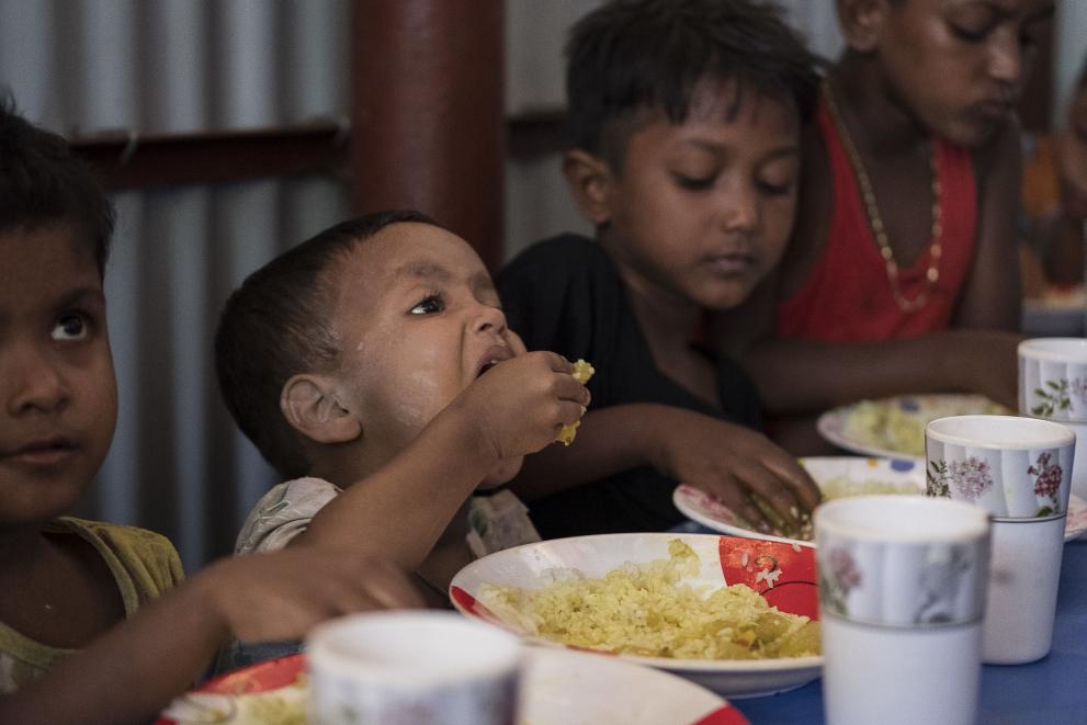 At feeding centres, run by ACF with the support of the European Union, children receive free nutritious hot meals, 