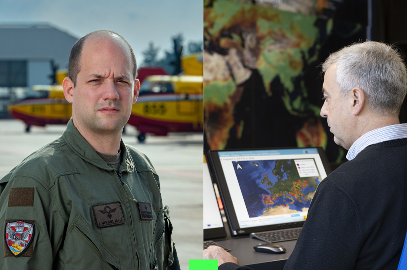 Two split photos with man on the left in pilot's uniform in front of a yellow firefighting plane, man on the right working at a computer with maps on the screen