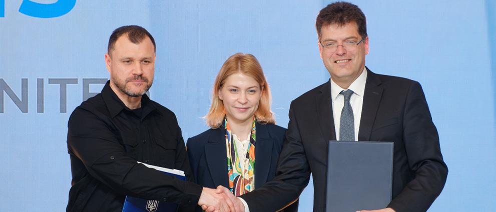 From left to right: Ihor Klymenko, Ukrainian Minister of Interior, Olga Stefanishyna, Deputy Prime Minister for European and Euro-Atlantic integration of Ukraine and Janez Lenarčič.