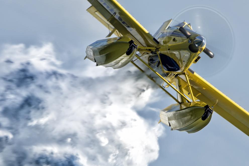 A firefighting plane, dropping water,  seen from below.