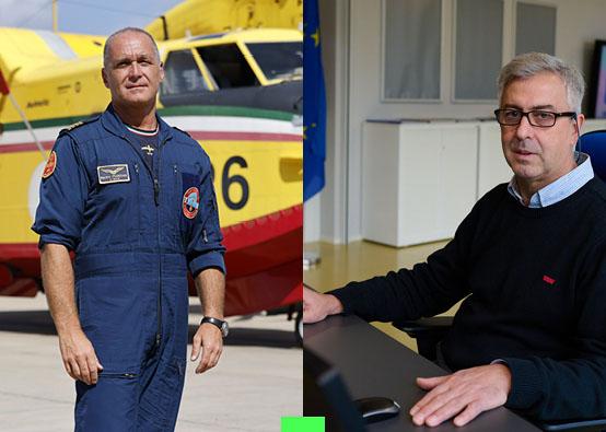 Man on the left in pilot's uniform in front of a firefighting plane and man on the right working at a computer