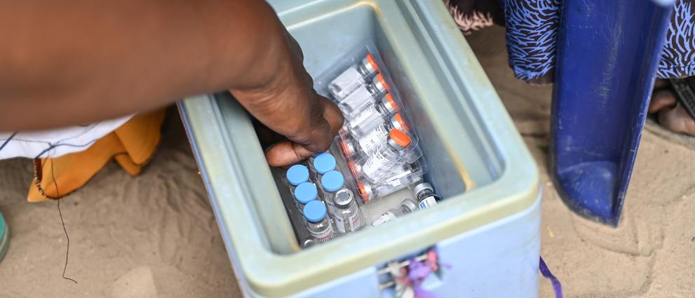 Cooling container with several vaccines in it. A hand reaches into it to take one out.