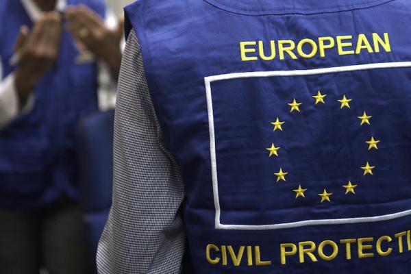 Back of a jacket displaying European Union Civil Protection