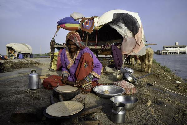 A woman preparing food. All type of filled bowls on the foreground, a tent shelter in the background.