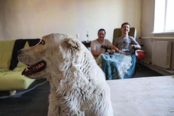 A white dog sitting in the front, in the background of the living room Ihor and his mother.